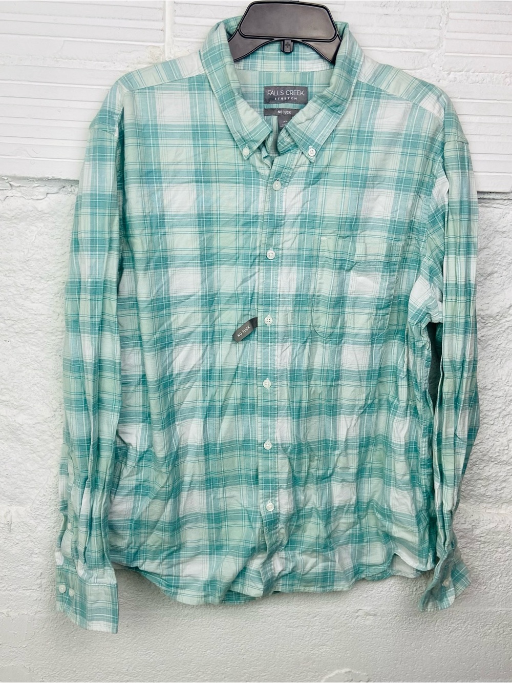 Falls Creek stretch no tuck Men’s Mint Green Plaid Button-Down Shirt size XL